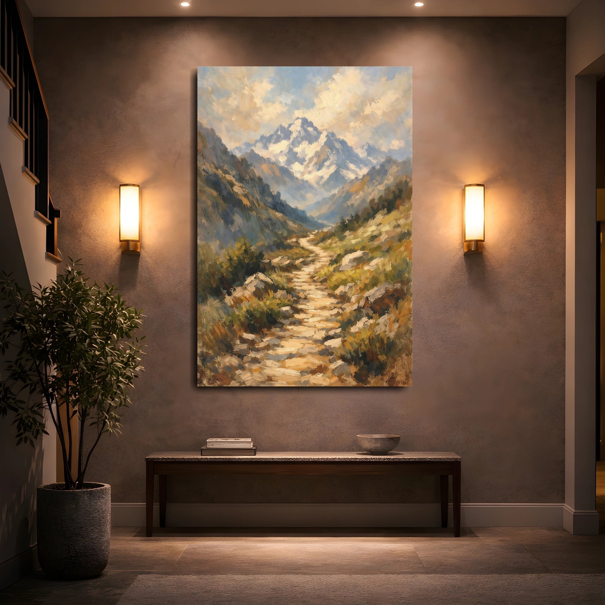 Mockup 4. Nature Mountain Path Brown And Blue Landscape shown as stretched canvas wall art