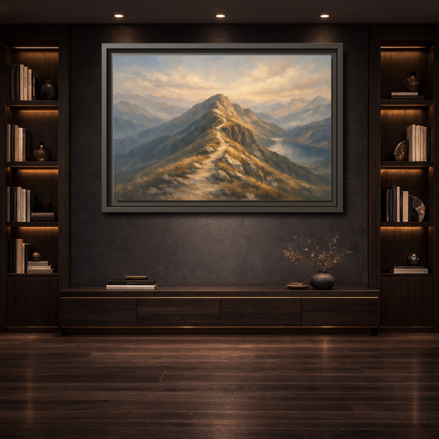 Mockup 3. Nature Mountain Path Golden Mountain shown as stretched canvas wall art