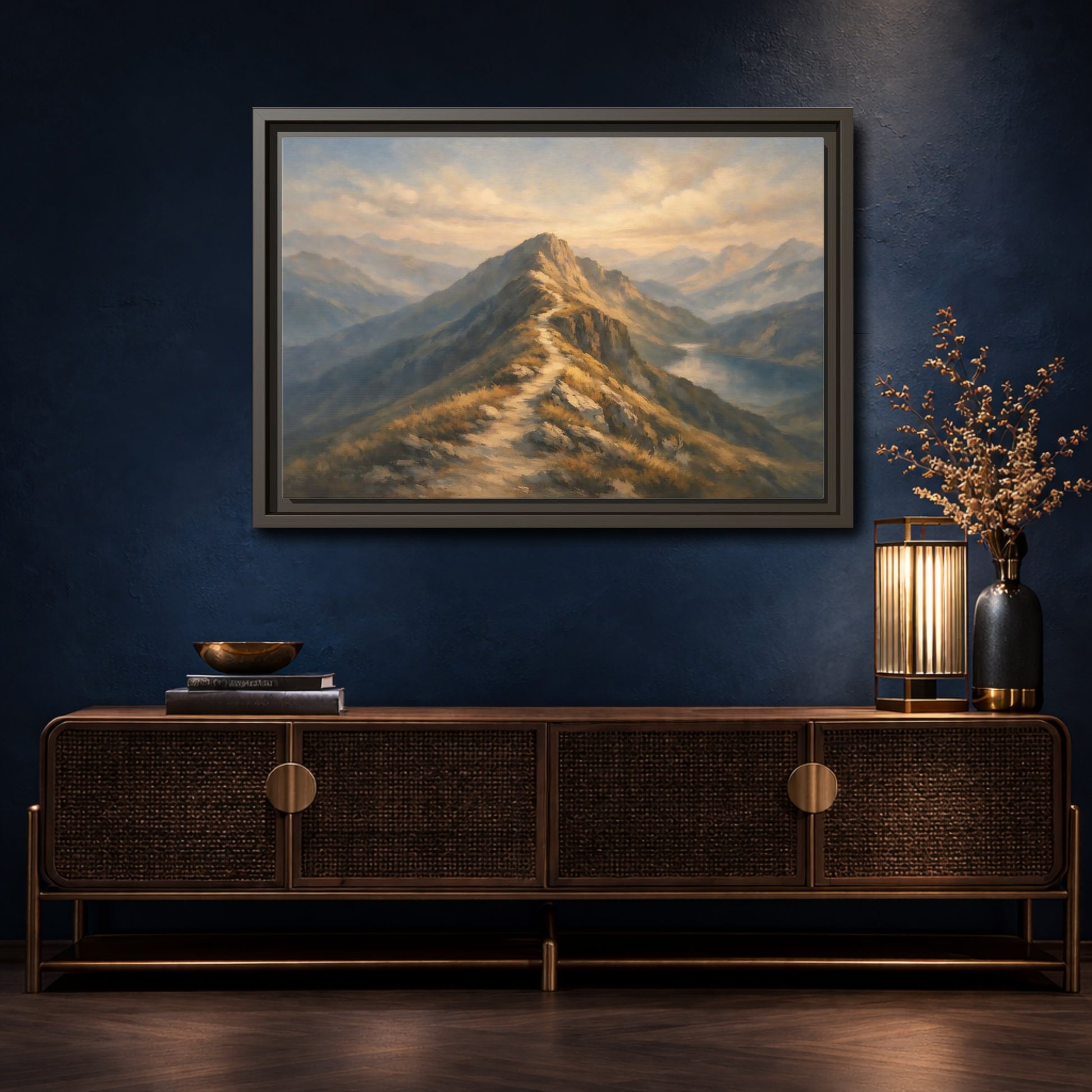 Mockup 4. Nature Mountain Path Golden Mountain shown as stretched canvas wall art