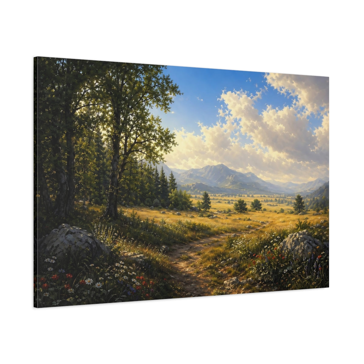 Side Mockup 1. Nature Mountain Path Green Gold Landscape shown as stretched canvas wall art