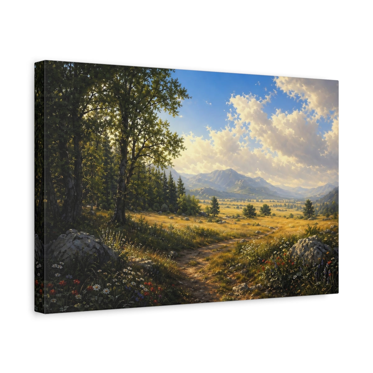 Side Mockup 4. Nature Mountain Path Green Gold Landscape shown as stretched canvas wall art
