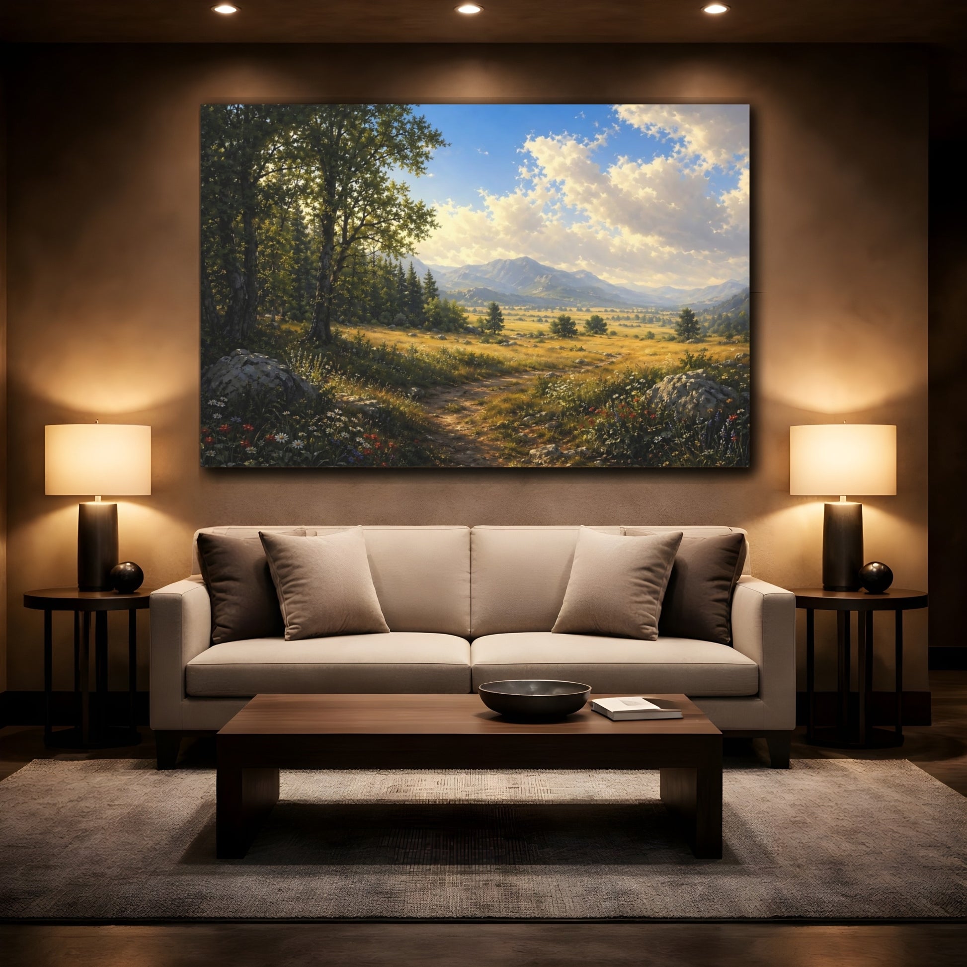 Mockup 2. Nature Mountain Path Green Gold Landscape shown as stretched canvas wall art