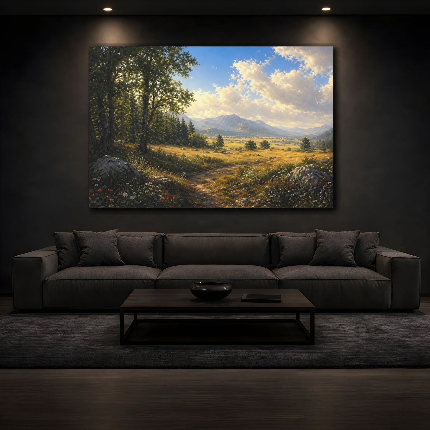 Mockup 3. Nature Mountain Path Green Gold Landscape shown as stretched canvas wall art