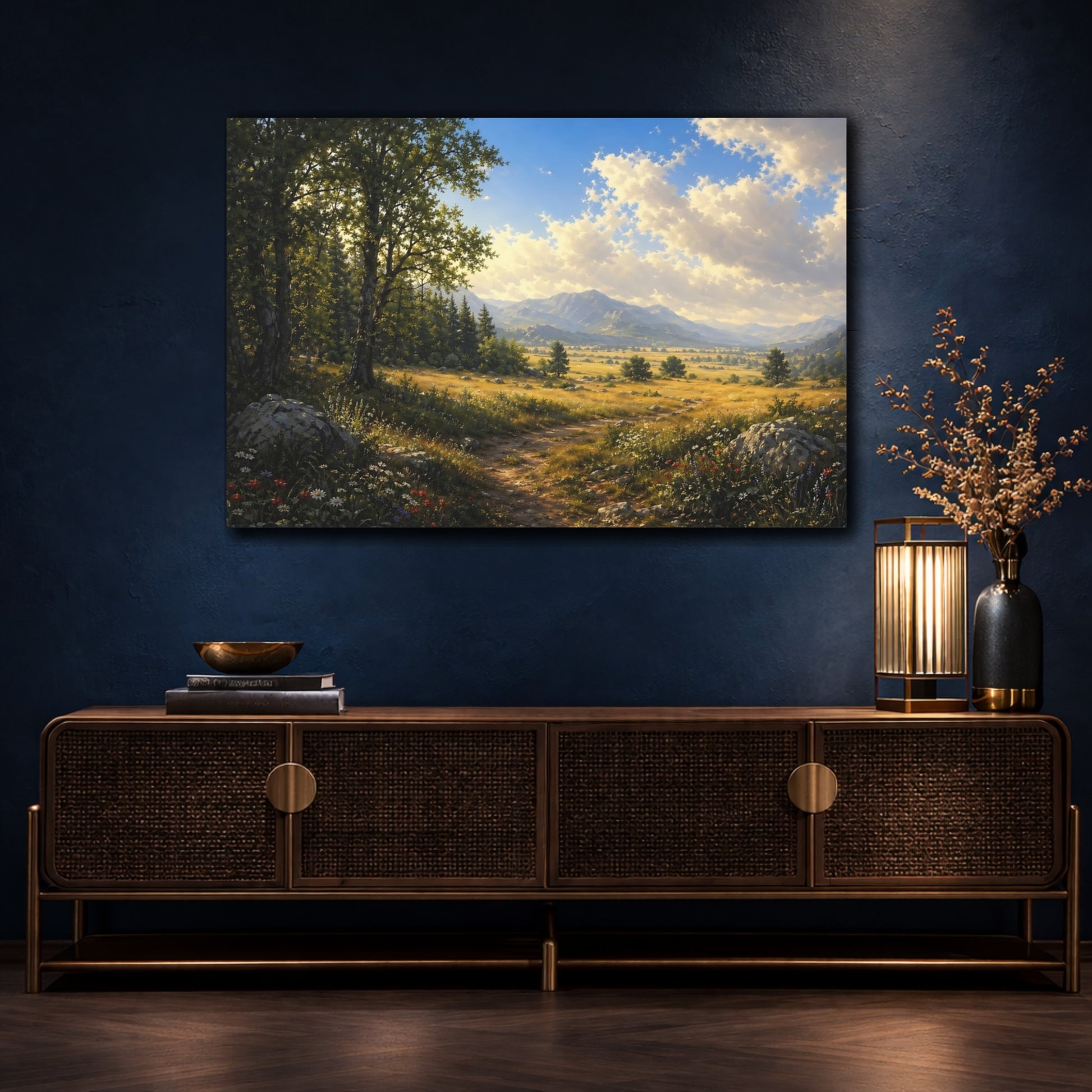 Mockup 4. Nature Mountain Path Green Gold Landscape shown as stretched canvas wall art