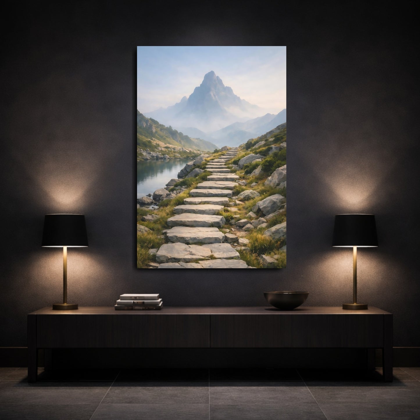 Mockup 2. Nature Mountain Path Mountain Lake Path shown as stretched canvas wall art