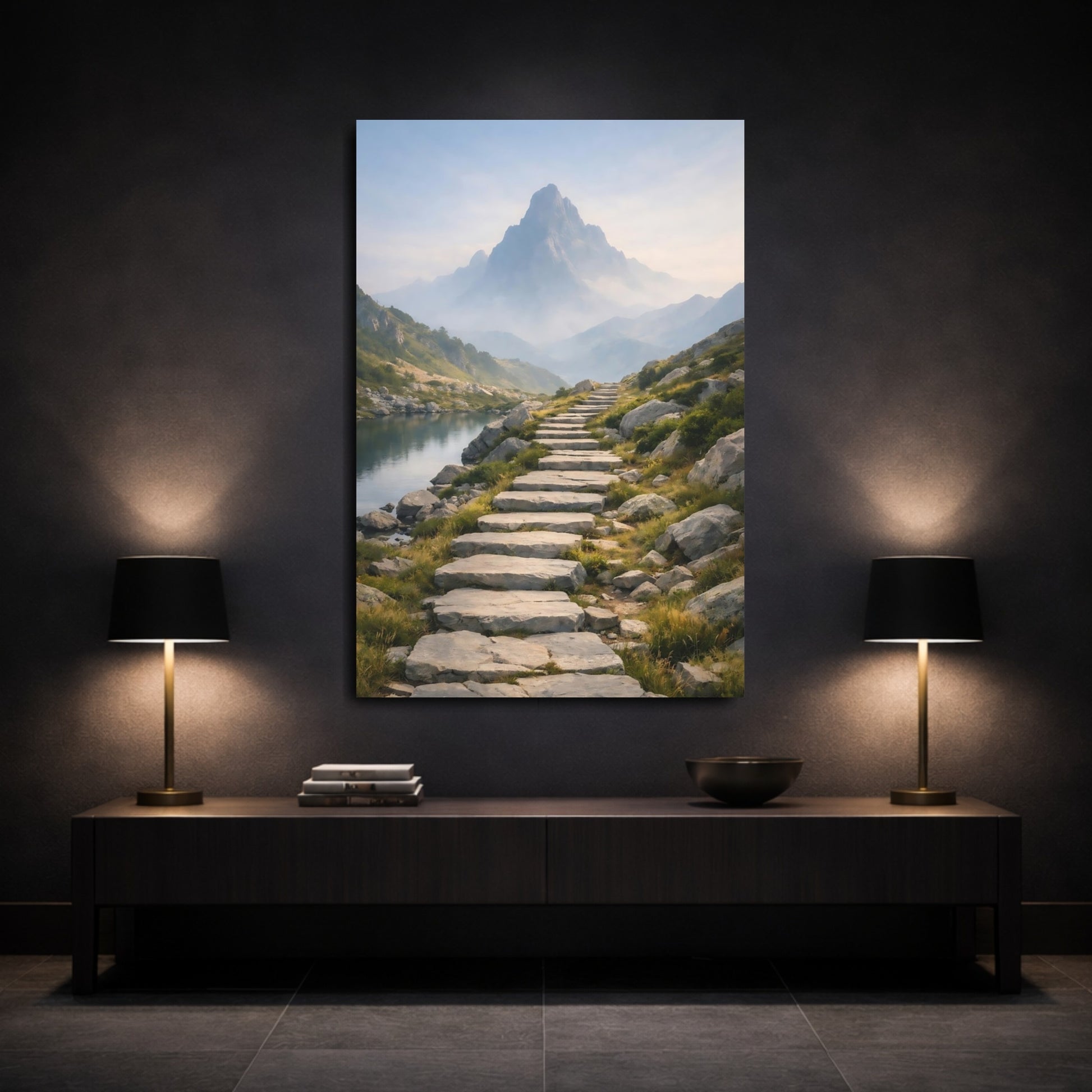 Mockup 2. Nature Mountain Path Mountain Lake Path shown as stretched canvas wall art