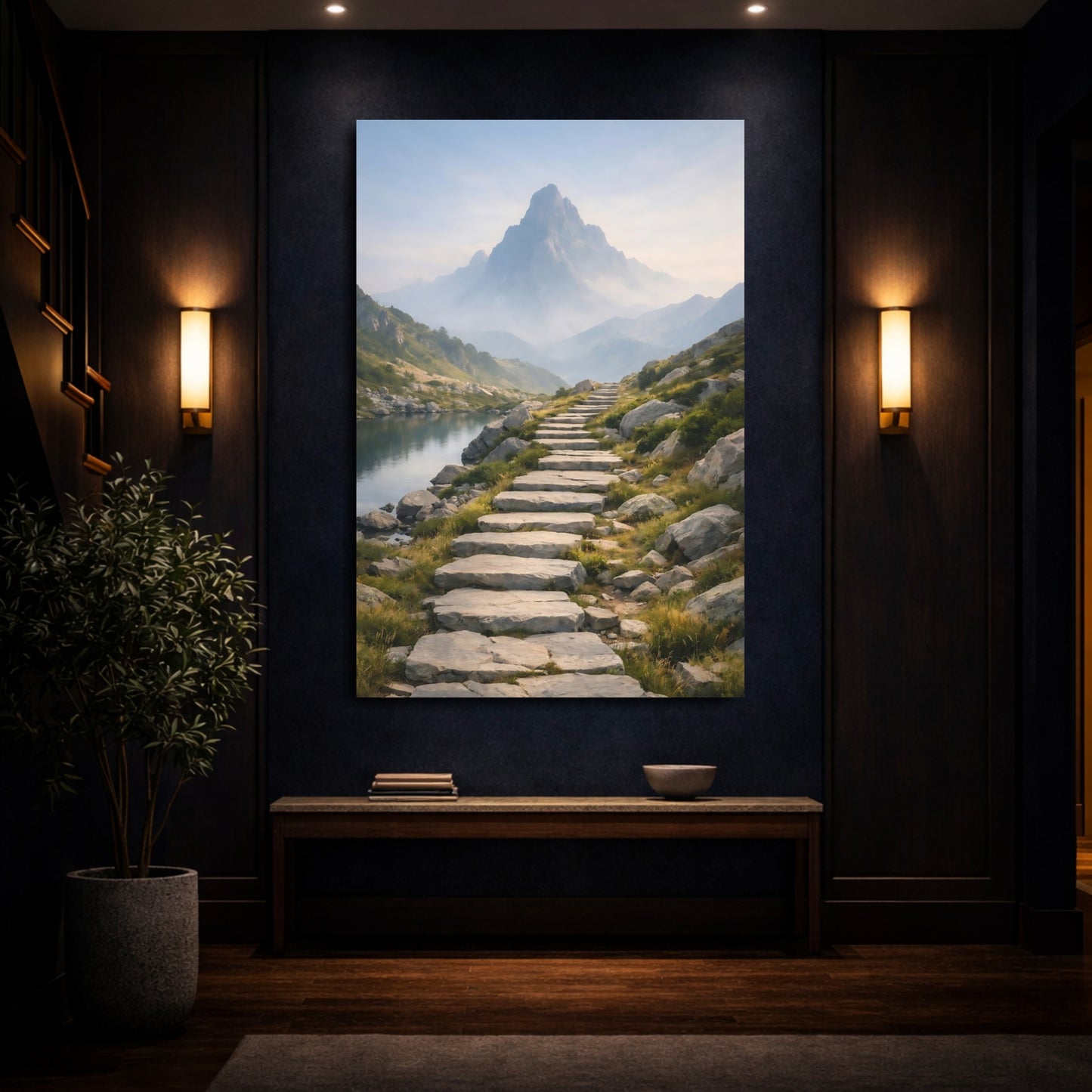 Mockup 3. Nature Mountain Path Mountain Lake Path shown as stretched canvas wall art