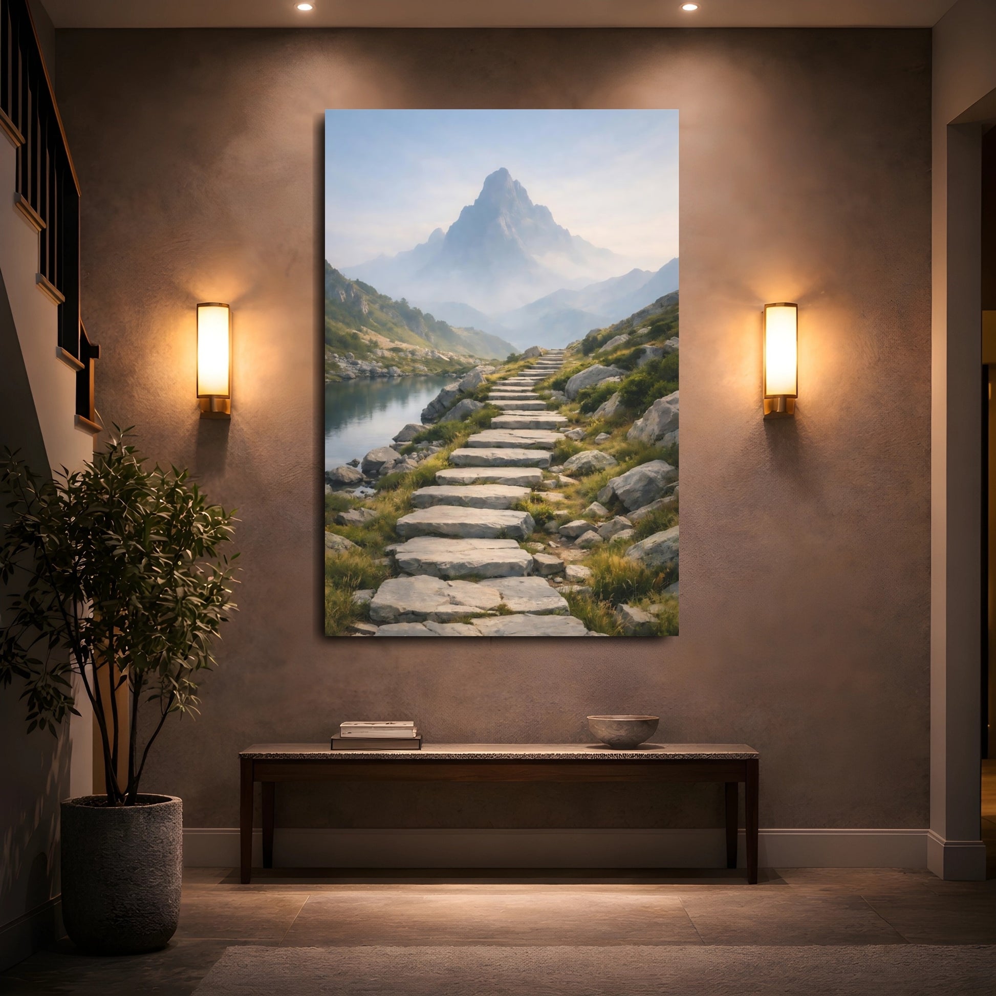 Mockup 4. Nature Mountain Path Mountain Lake Path shown as stretched canvas wall art