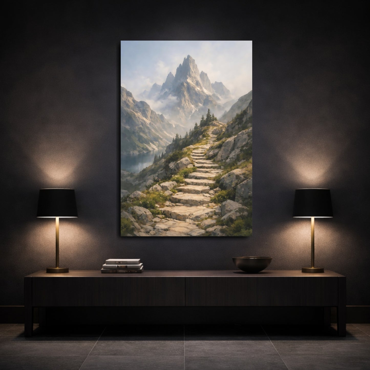 Mockup 2. Nature Mountain Path Mountain Landscape shown as stretched canvas wall art