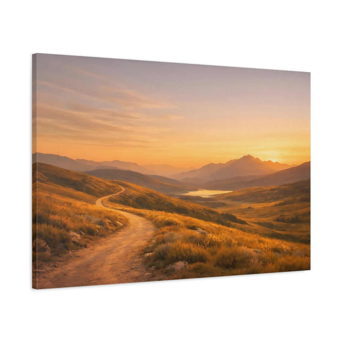 Main Mockup. Nature Mountain Path Orange And Gold shown as stretched canvas wall art