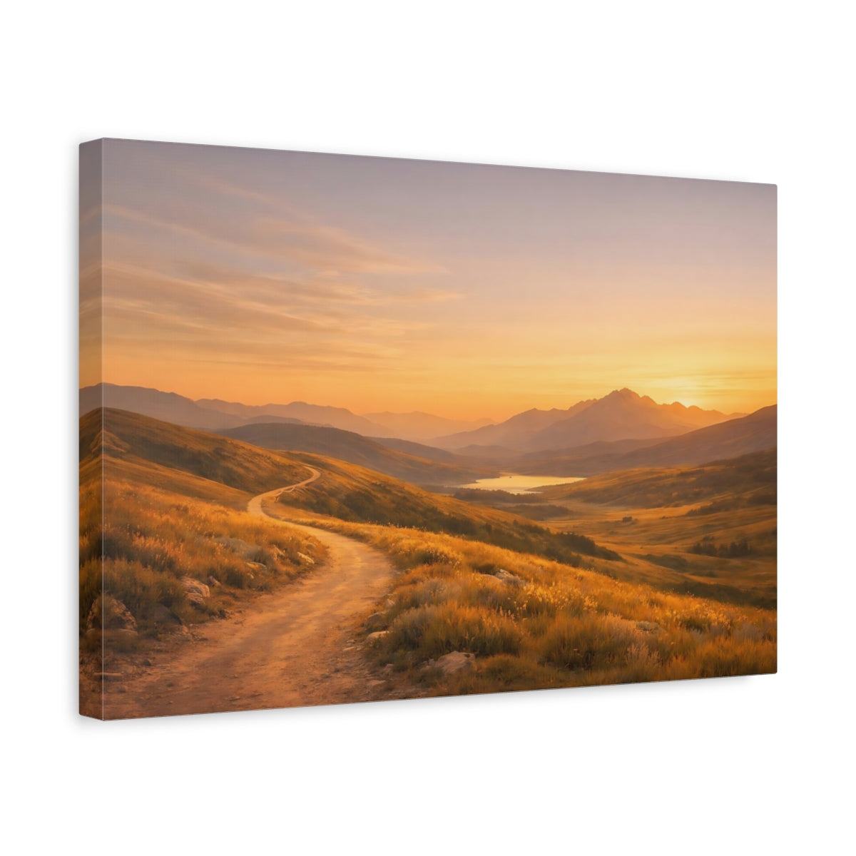 Side Mockup 4. Nature Mountain Path Orange And Gold shown as stretched canvas wall art