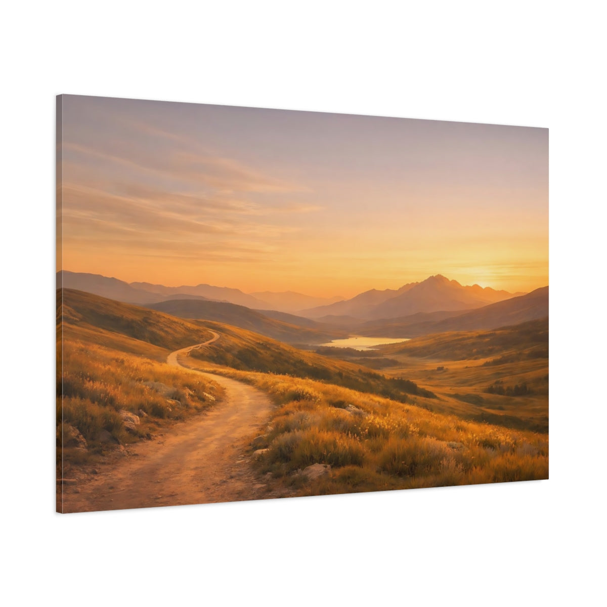 Side Mockup 1. Nature Mountain Path Orange And Gold shown as stretched canvas wall art
