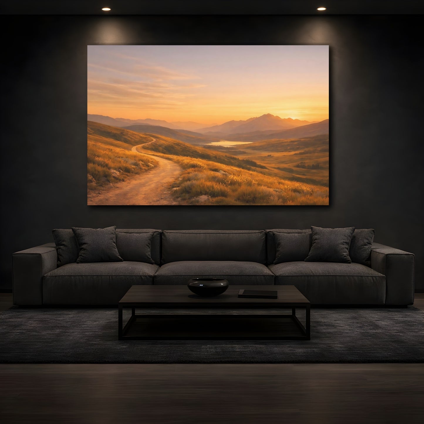Mockup 2. Nature Mountain Path Orange And Gold shown as stretched canvas wall art