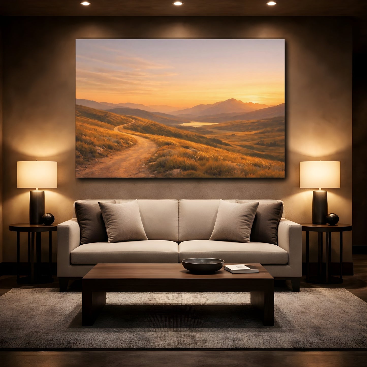 Mockup 3. Nature Mountain Path Orange And Gold shown as stretched canvas wall art