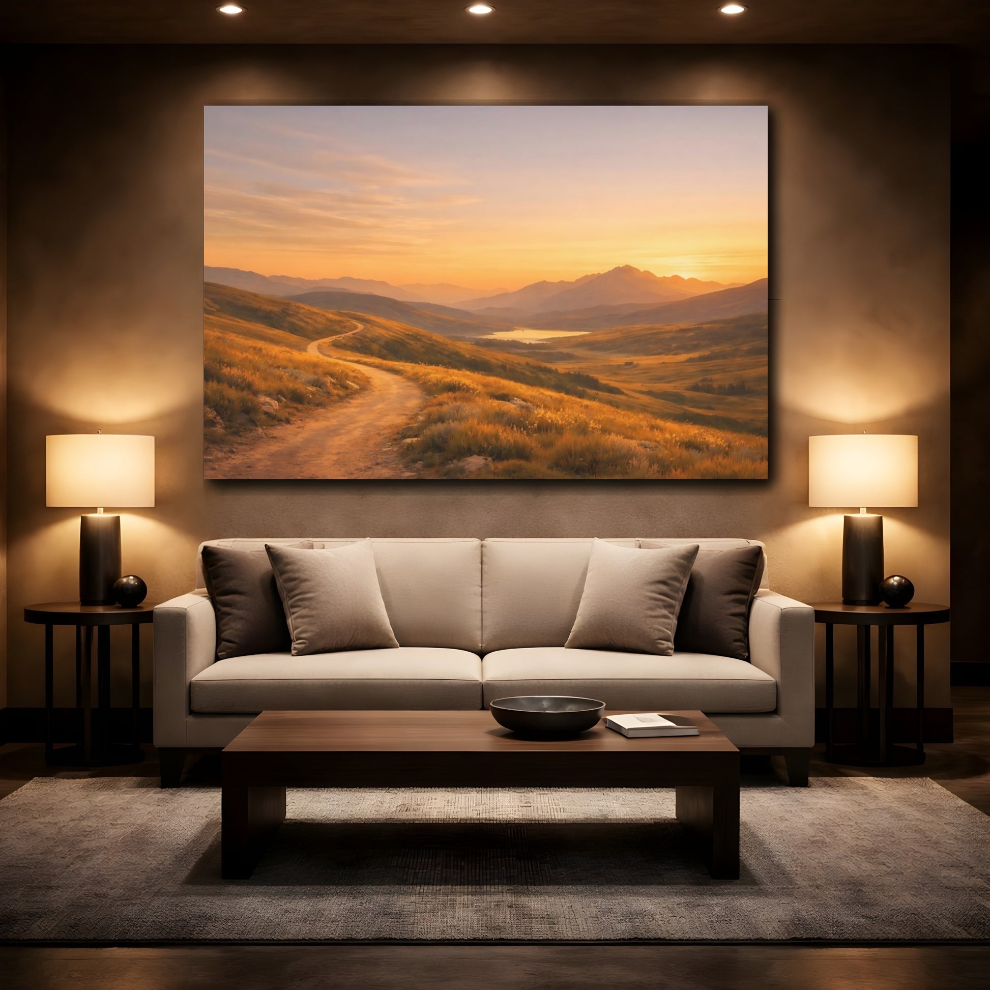Mockup 3. Nature Mountain Path Orange And Gold shown as stretched canvas wall art
