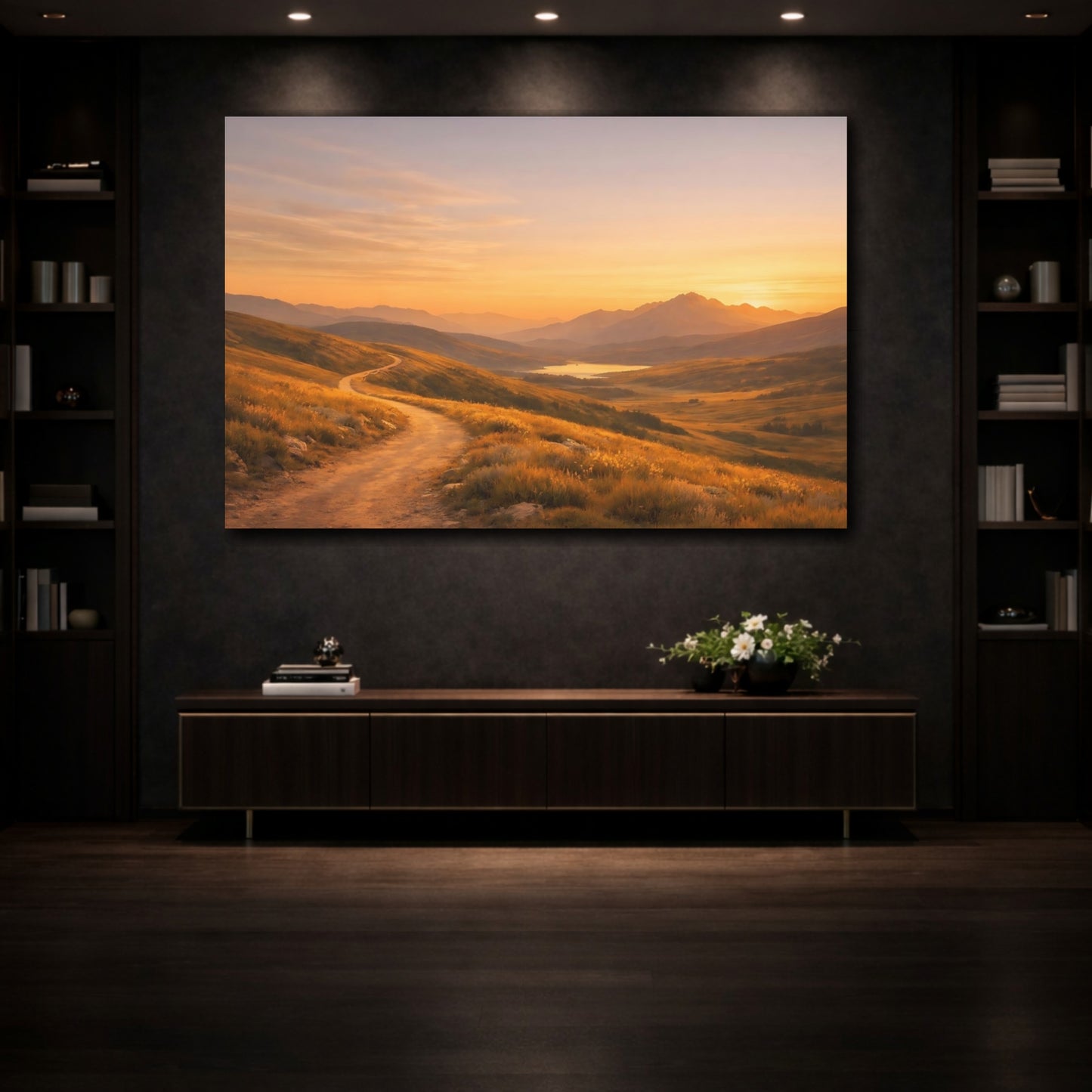Mockup 4. Nature Mountain Path Orange And Gold shown as stretched canvas wall art