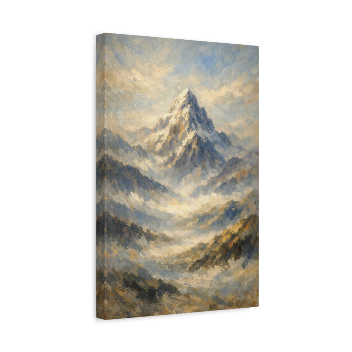 Side Mockup 4. Nature Mountain Peak Blue Gold Mountain Art shown as stretched canvas wall art