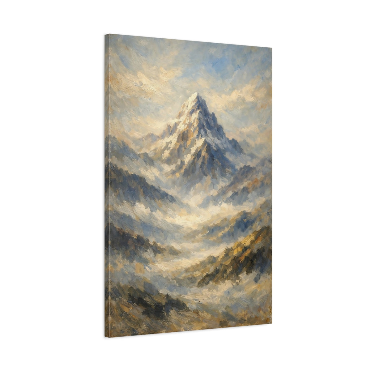 Side Mockup 1. Nature Mountain Peak Blue Gold Mountain Art shown as stretched canvas wall art