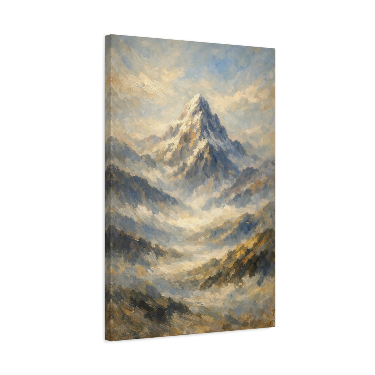 Side Mockup 2. Nature Mountain Peak Blue Gold Mountain Art shown as stretched canvas wall art