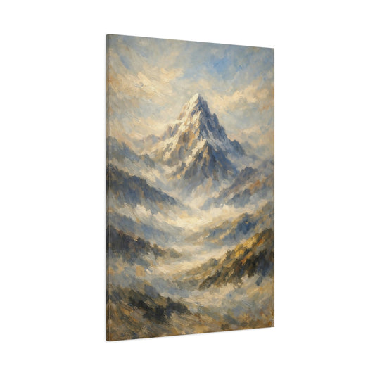 Main Mockup. Nature Mountain Peak Blue Gold Mountain Art shown as stretched canvas wall art