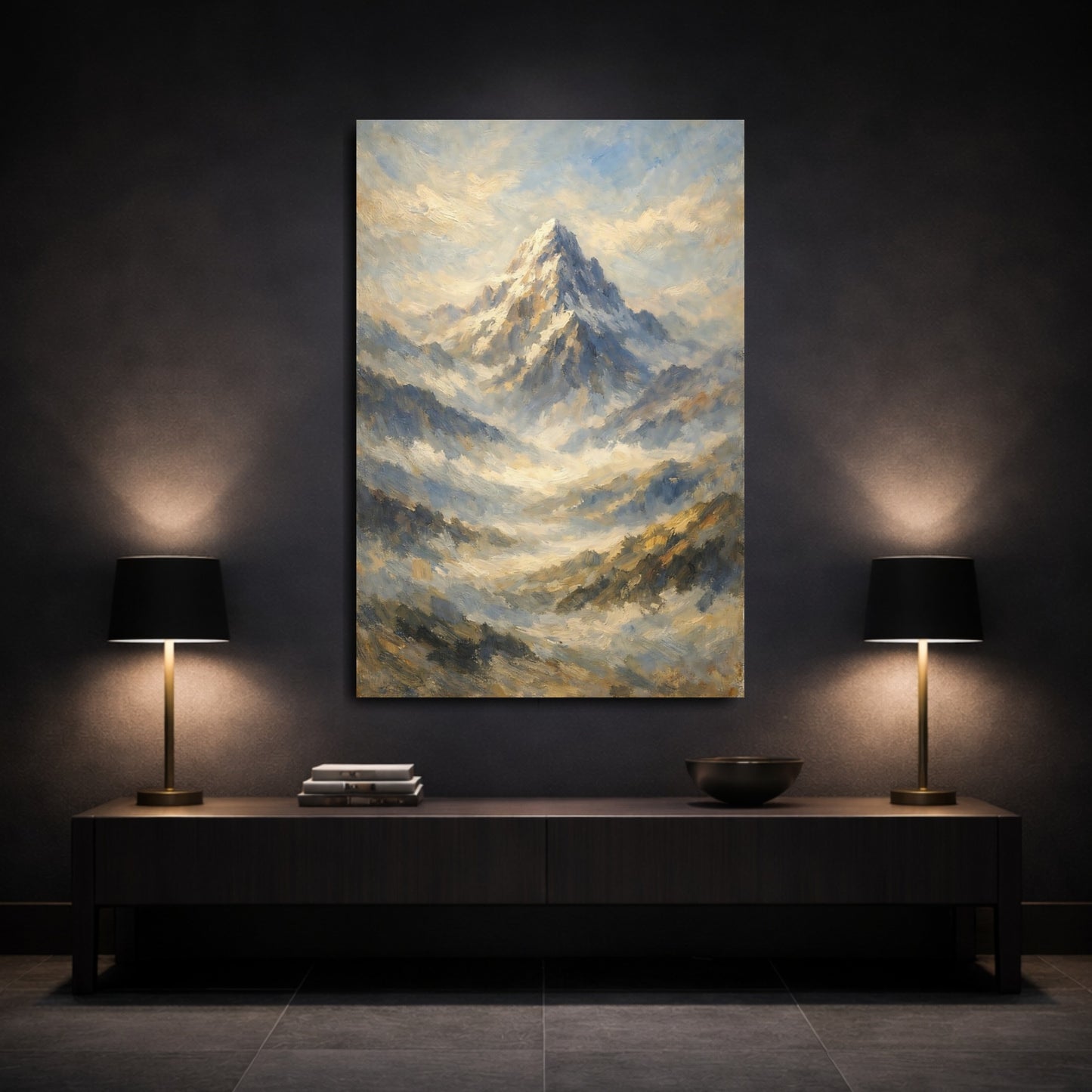Mockup 2. Nature Mountain Peak Blue Gold Mountain Art shown as stretched canvas wall art