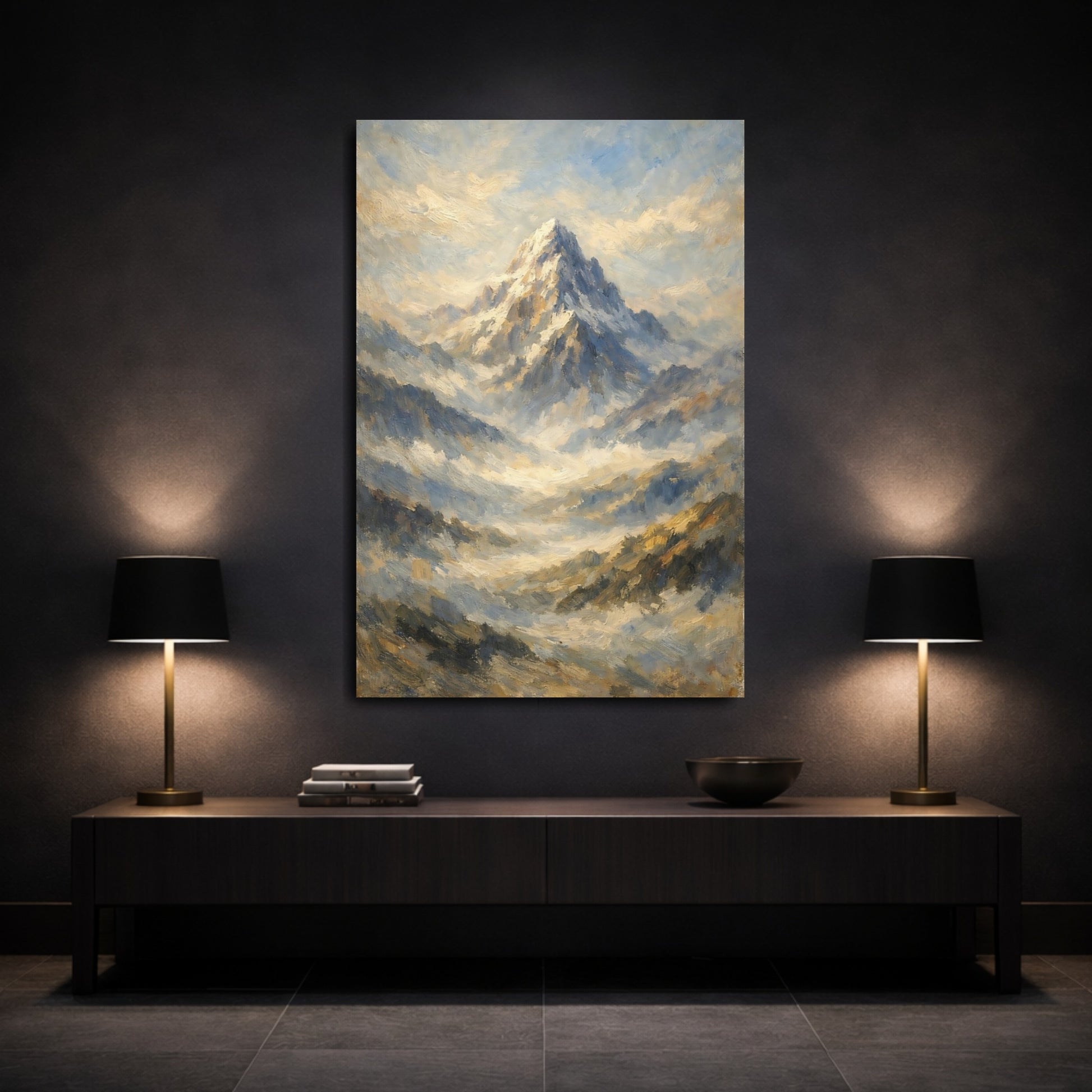 Mockup 2. Nature Mountain Peak Blue Gold Mountain Art shown as stretched canvas wall art