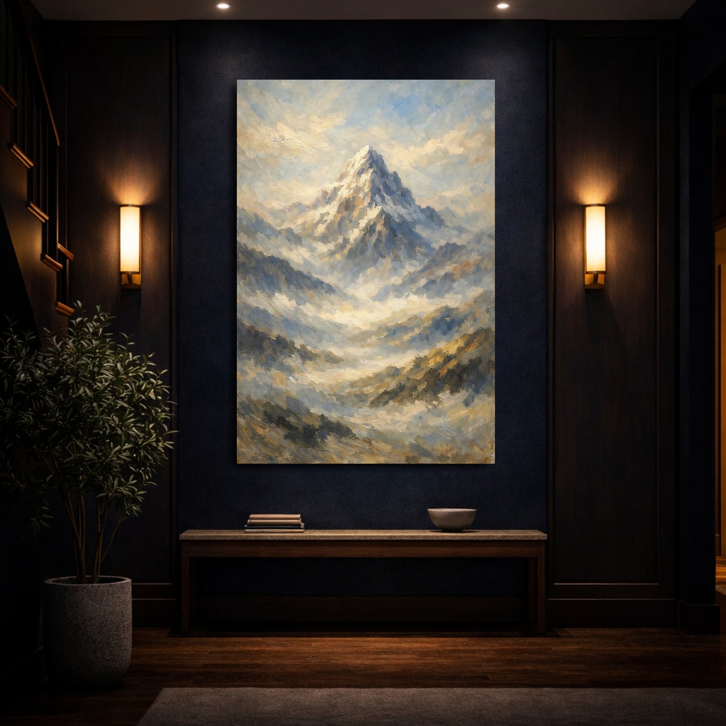 Mockup 3. Nature Mountain Peak Blue Gold Mountain Art shown as stretched canvas wall art