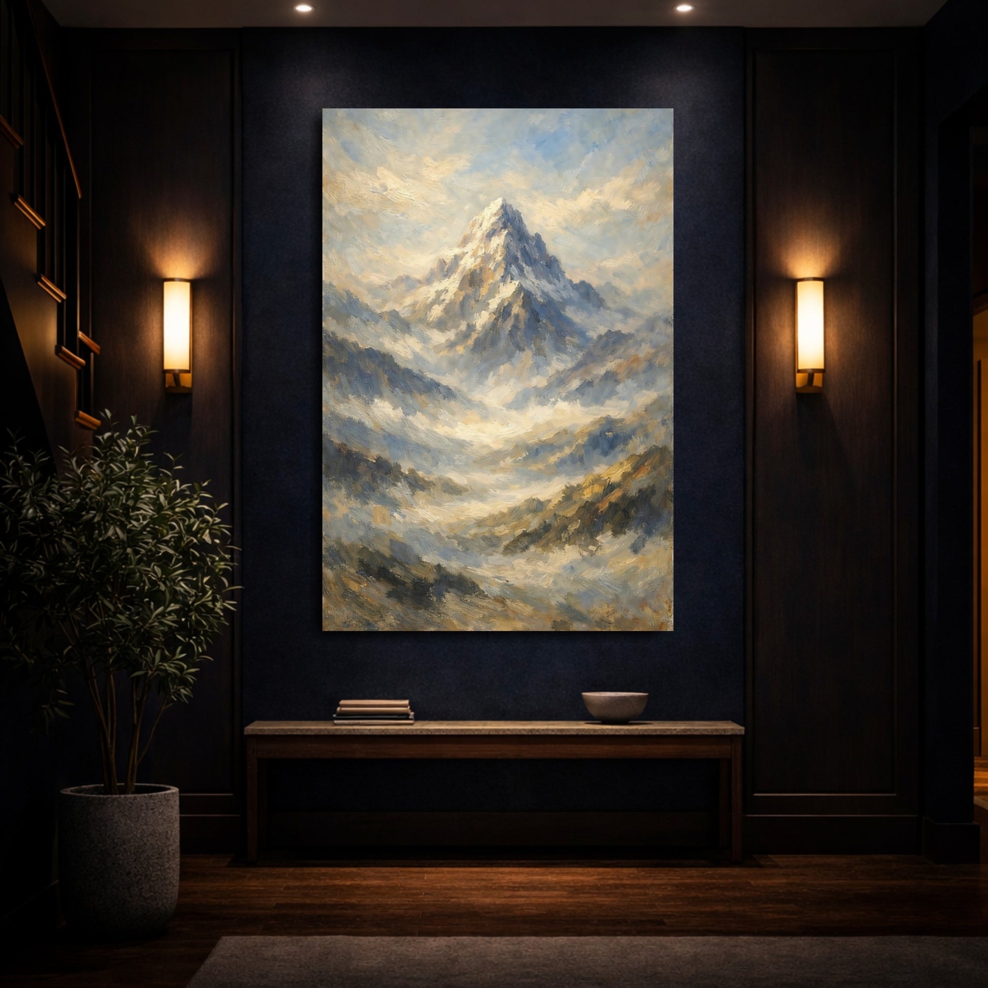 Mockup 3. Nature Mountain Peak Blue Gold Mountain Art shown as stretched canvas wall art