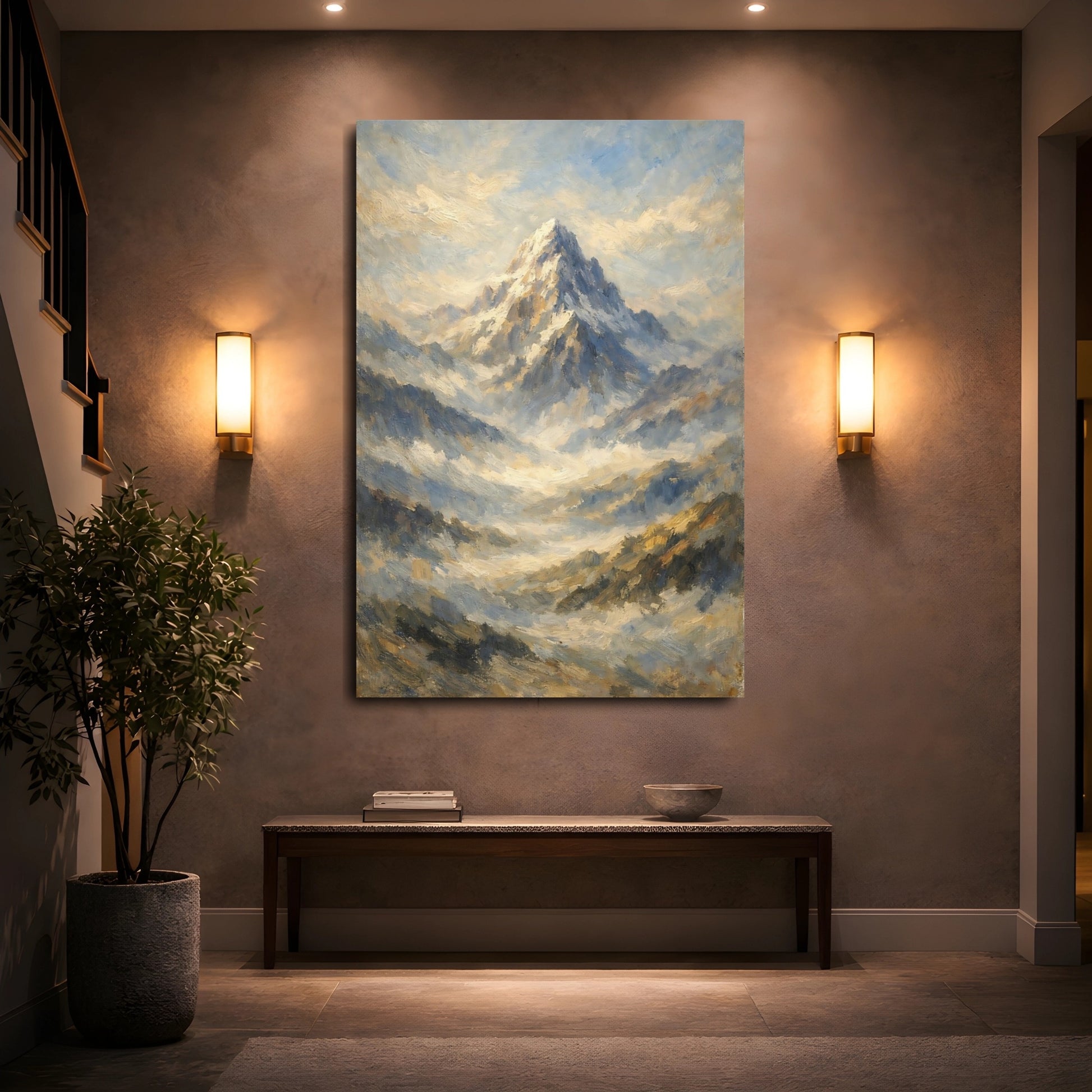 Mockup 4. Nature Mountain Peak Blue Gold Mountain Art shown as stretched canvas wall art