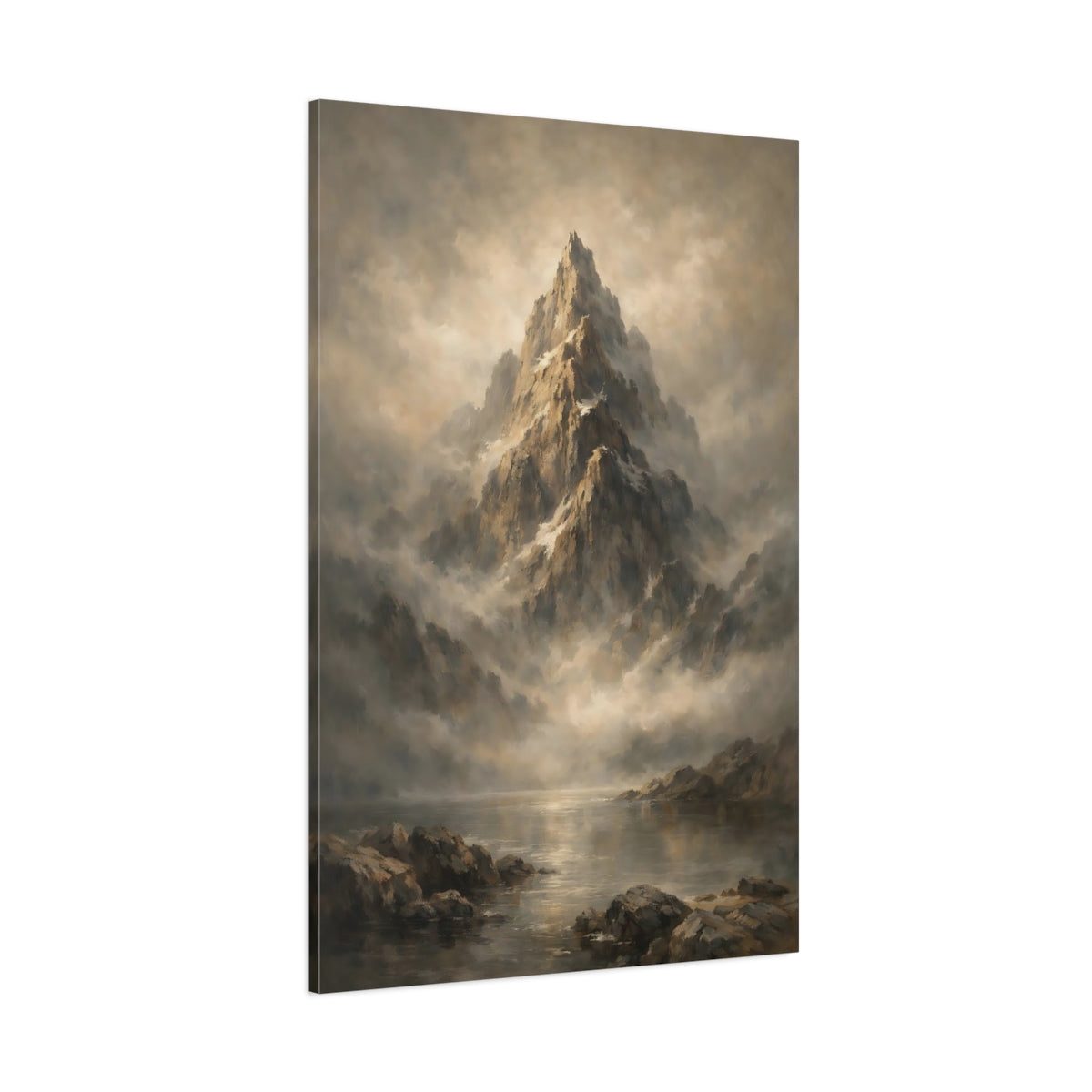 Main Mockup. Nature Mountain Peak Brown And Grey Mountain shown as stretched canvas wall art