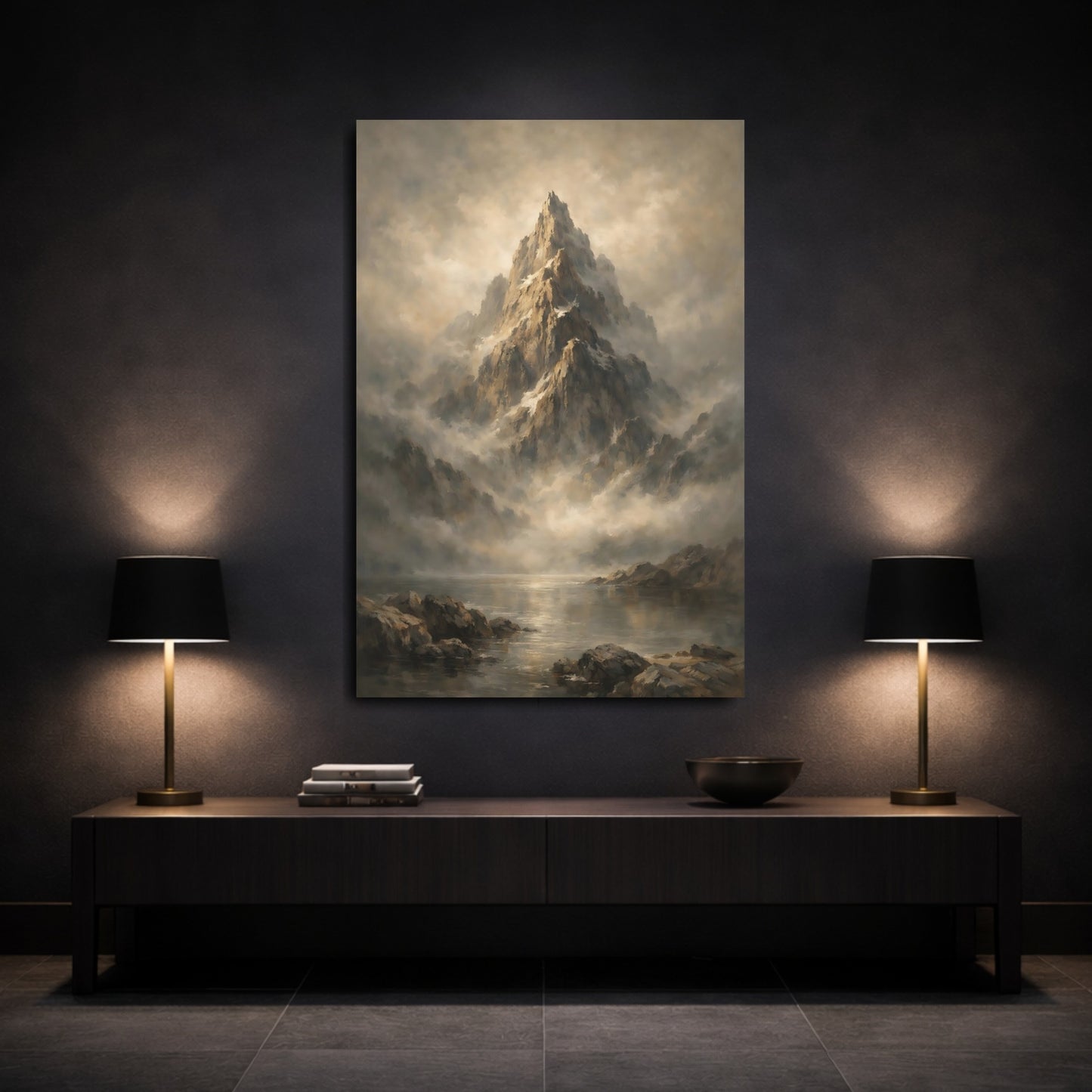 Mockup 2. Nature Mountain Peak Brown And Grey Mountain shown as stretched canvas wall art