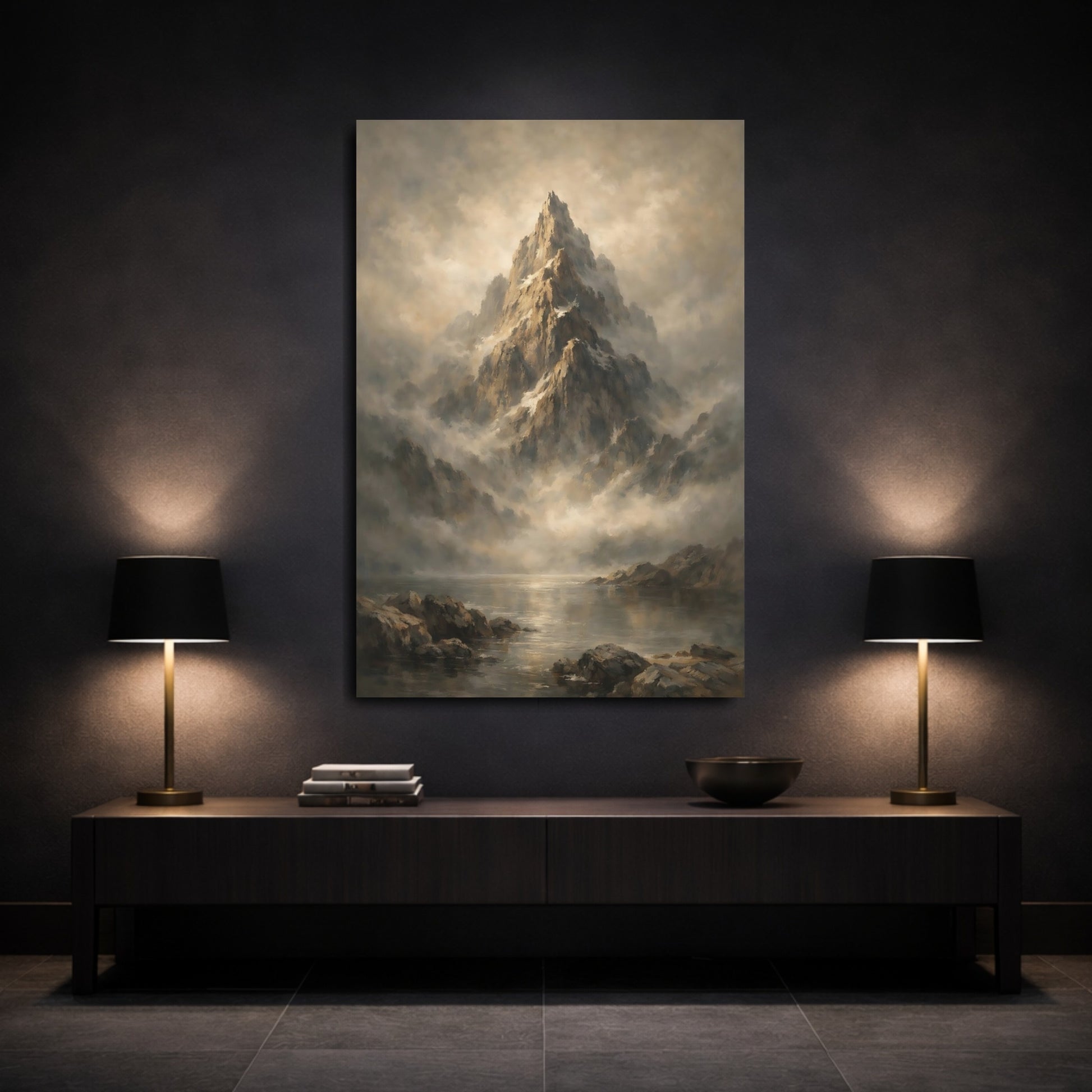 Mockup 2. Nature Mountain Peak Brown And Grey Mountain shown as stretched canvas wall art