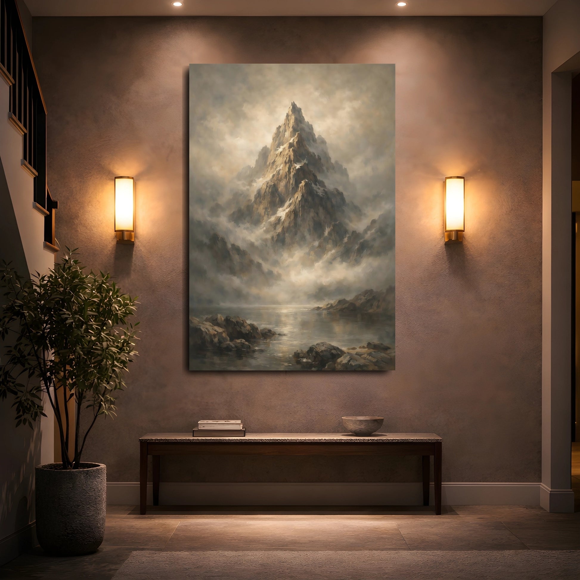 Mockup 4. Nature Mountain Peak Brown And Grey Mountain shown as stretched canvas wall art