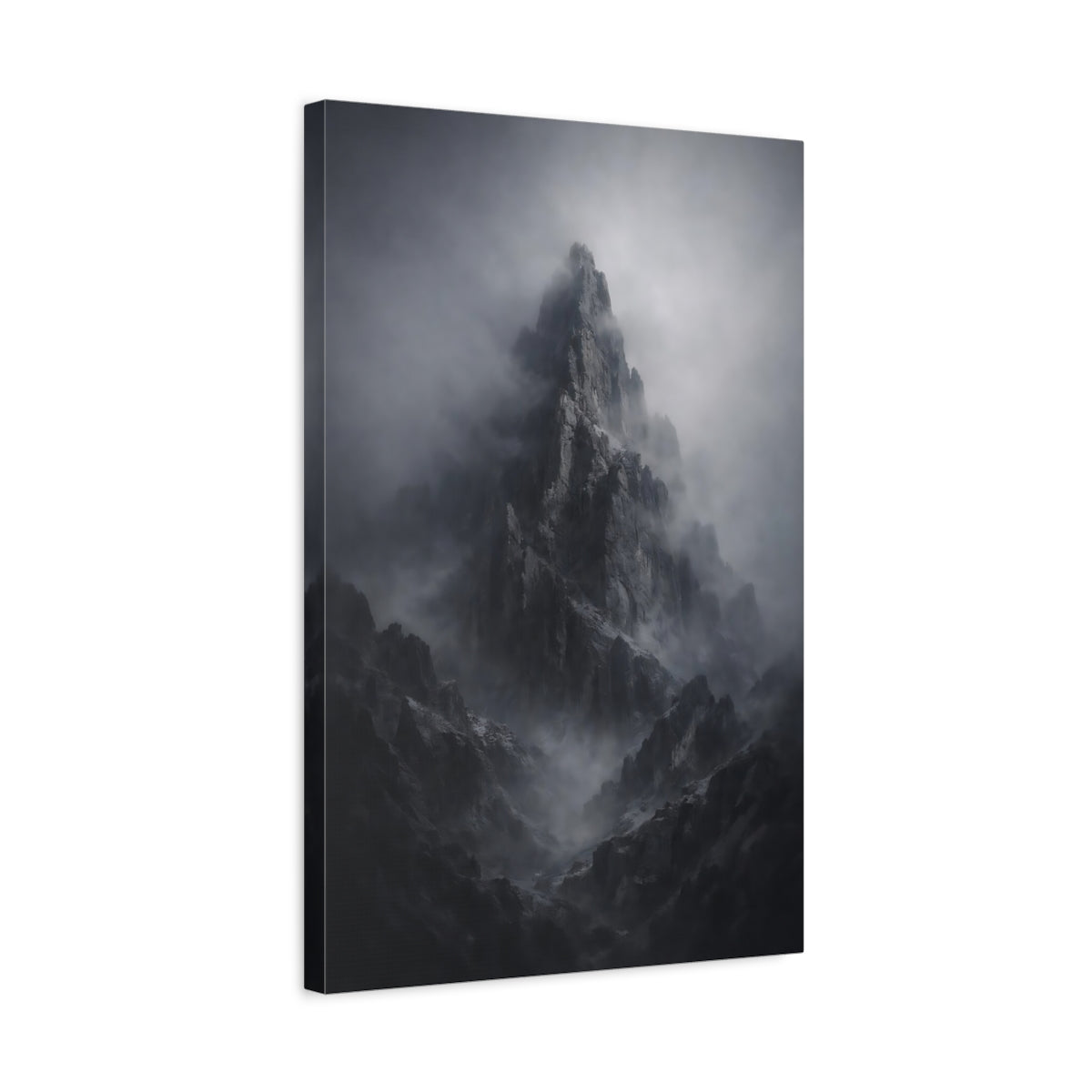 Side Mockup 3. Nature Mountain Peak Dark Grey Mountain shown as stretched canvas wall art