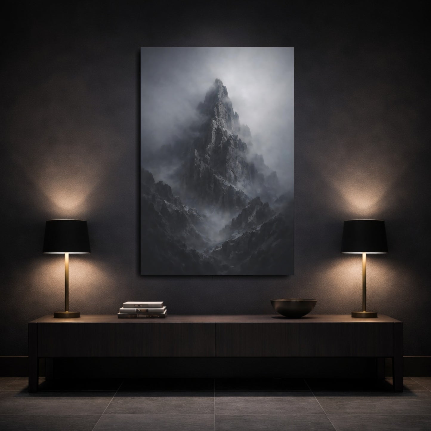 Mockup 2. Nature Mountain Peak Dark Grey Mountain shown as stretched canvas wall art