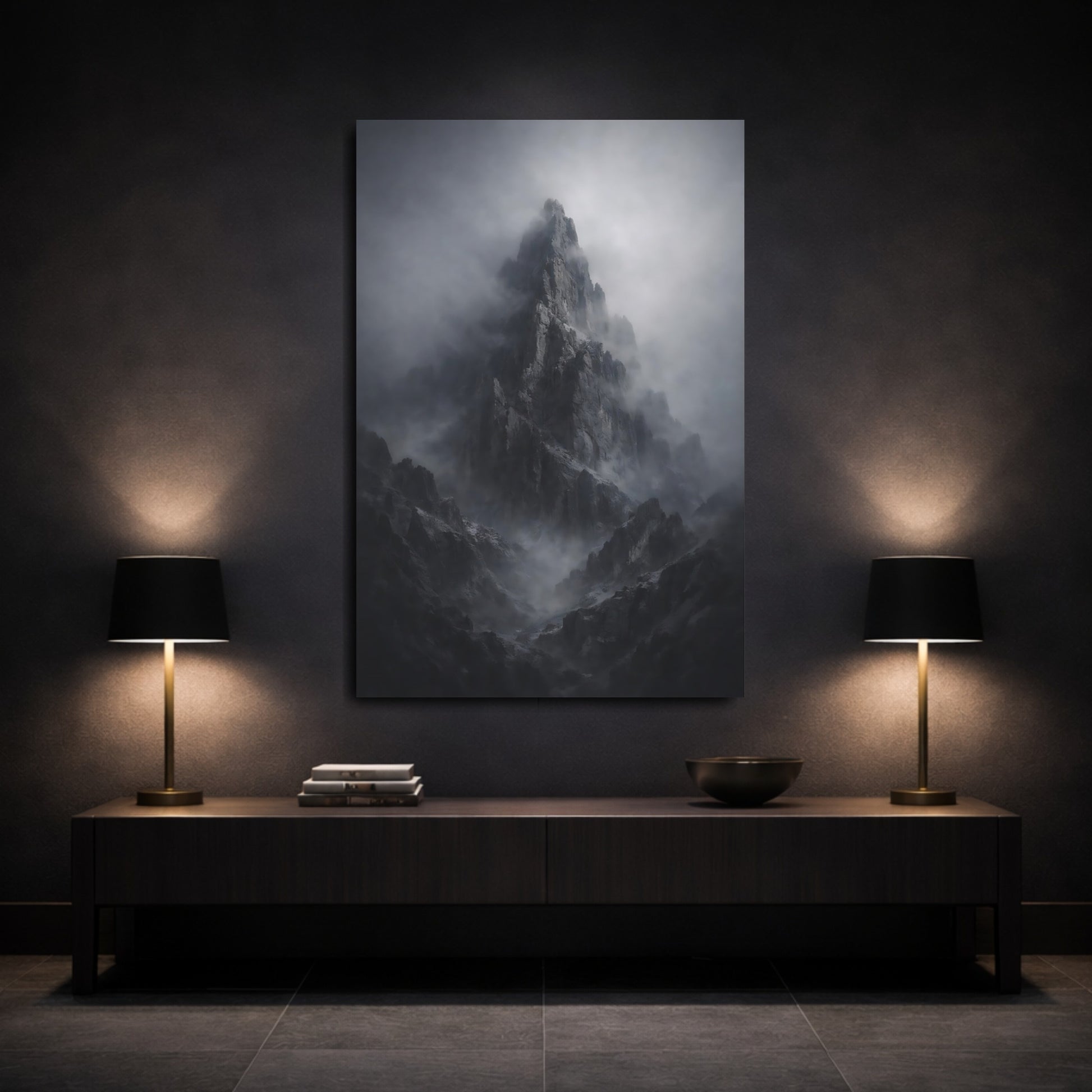 Mockup 2. Nature Mountain Peak Dark Grey Mountain shown as stretched canvas wall art