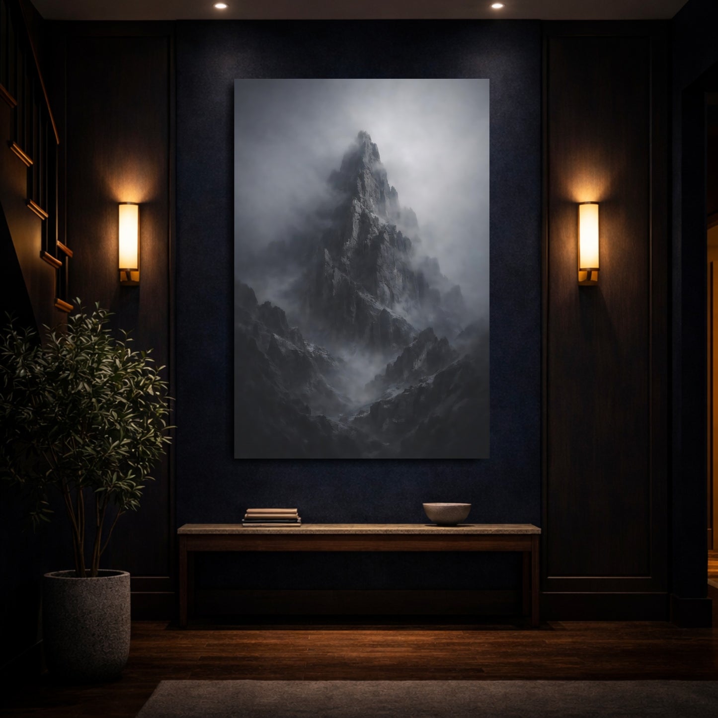 Mockup 3. Nature Mountain Peak Dark Grey Mountain shown as stretched canvas wall art