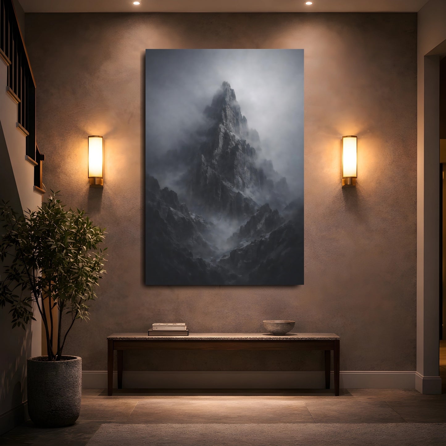 Mockup 4. Nature Mountain Peak Dark Grey Mountain shown as stretched canvas wall art