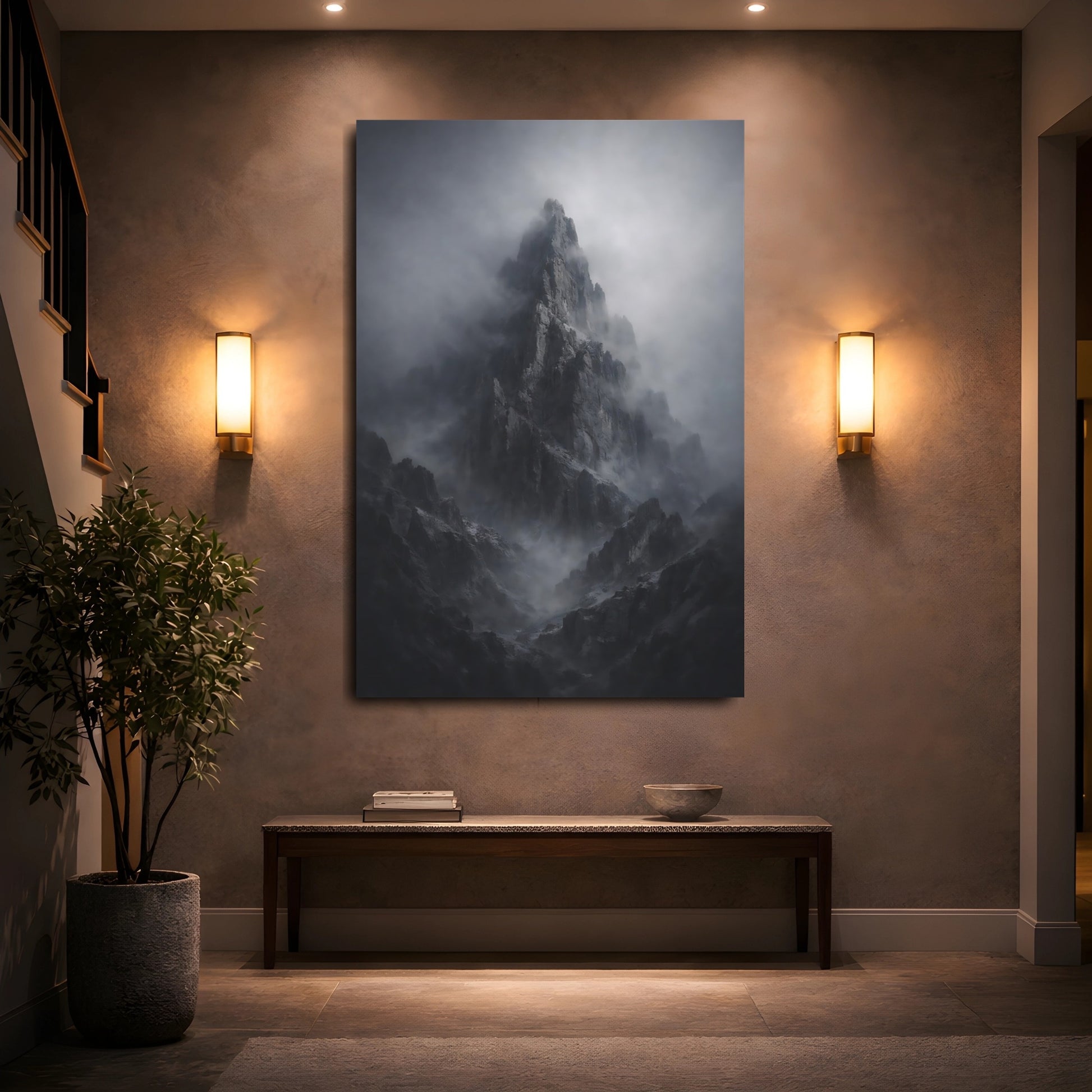 Mockup 4. Nature Mountain Peak Dark Grey Mountain shown as stretched canvas wall art