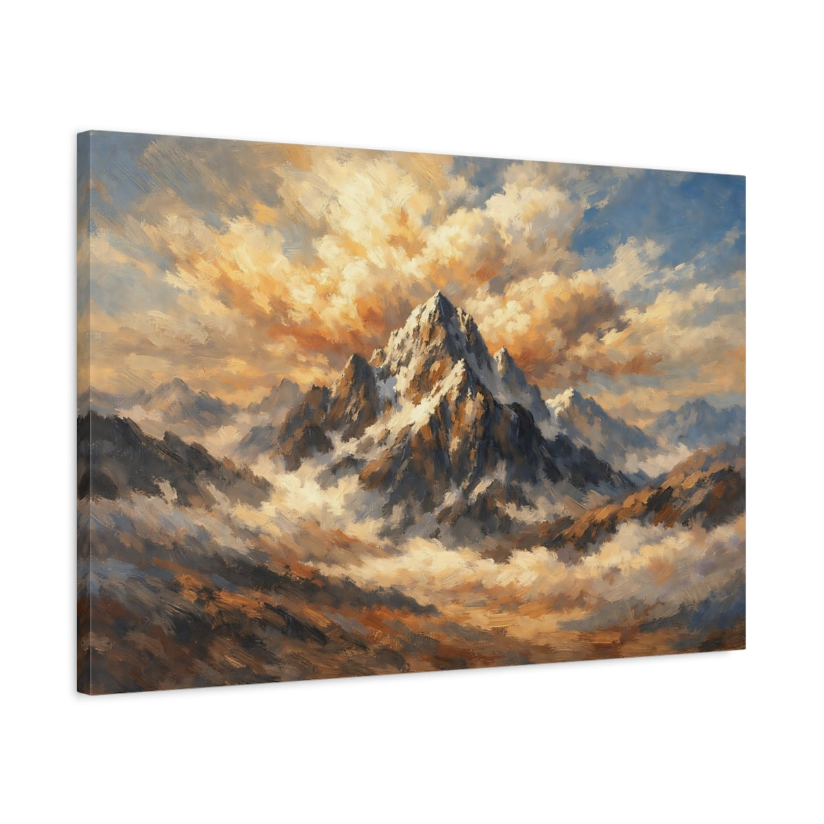 Side Mockup 2. Nature Mountain Peak Golden Mountain Clouds shown as stretched canvas wall art
