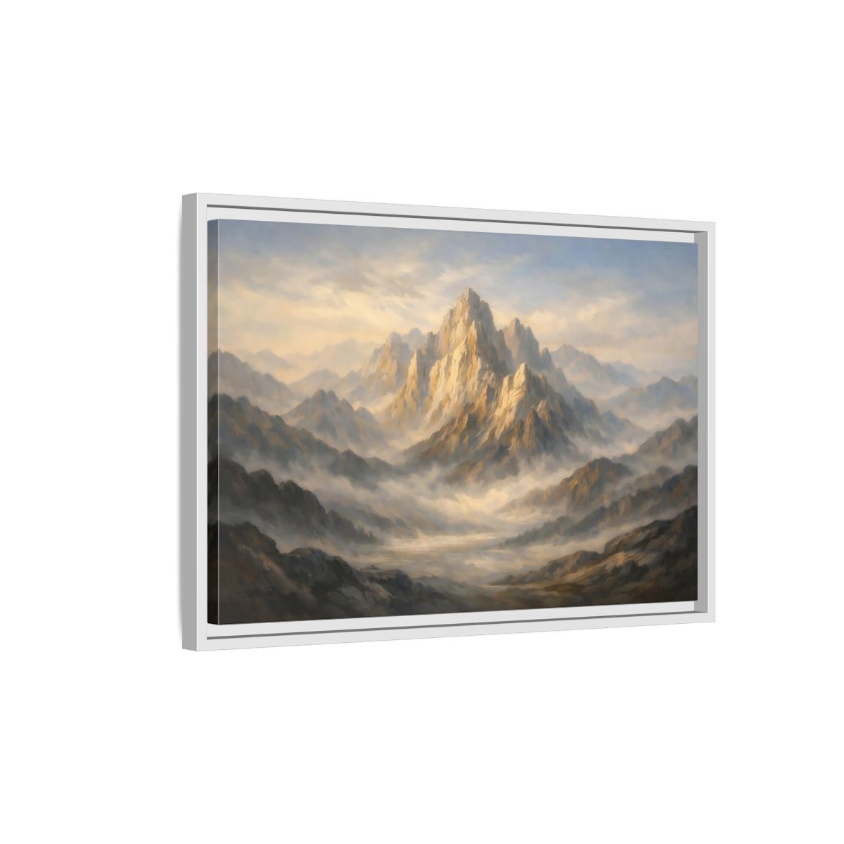 Side Mockup 1. Nature Mountain Peak Golden Mountain Landscape shown as stretched canvas wall art