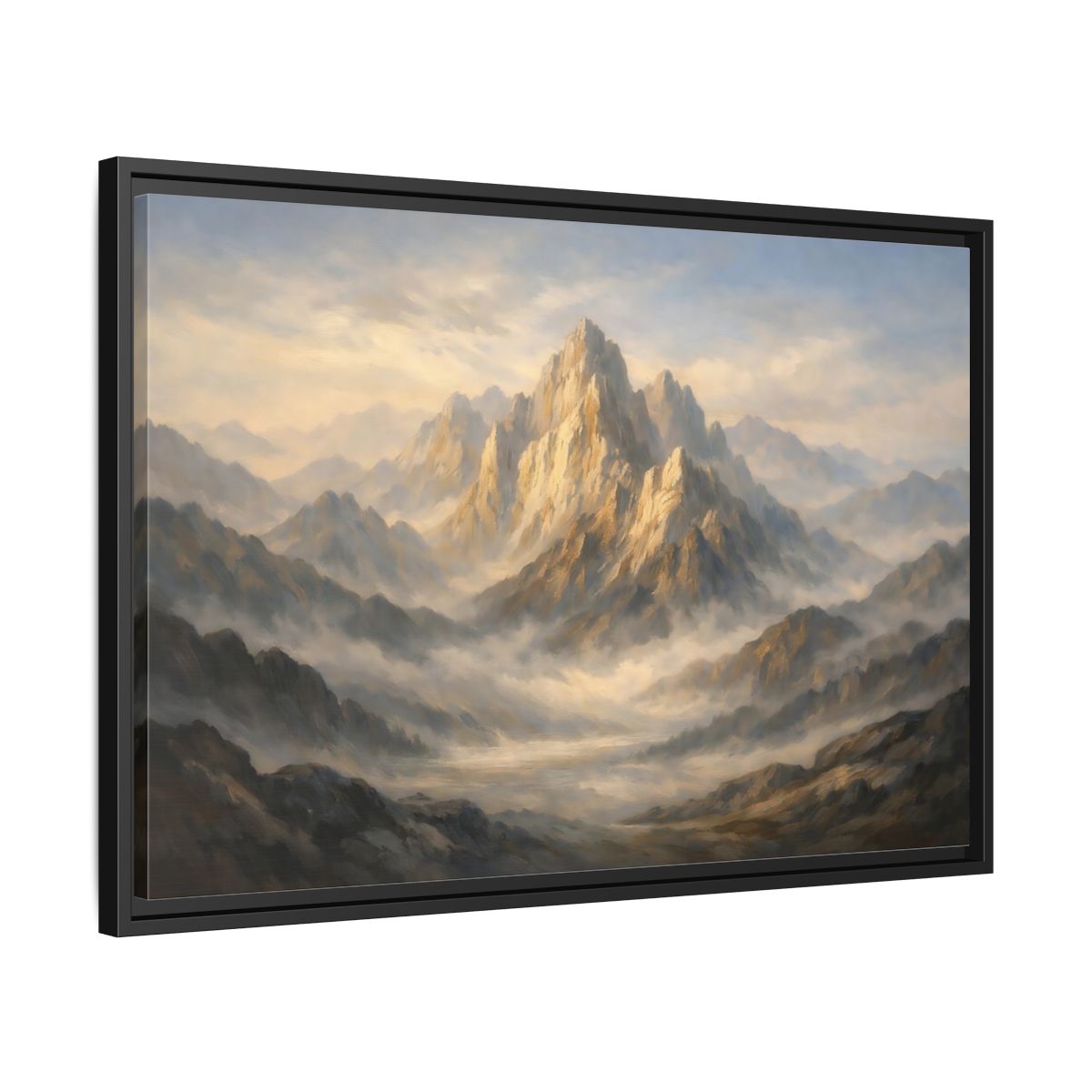 Side Mockup 14. Nature Mountain Peak Golden Mountain Landscape shown as stretched canvas wall art