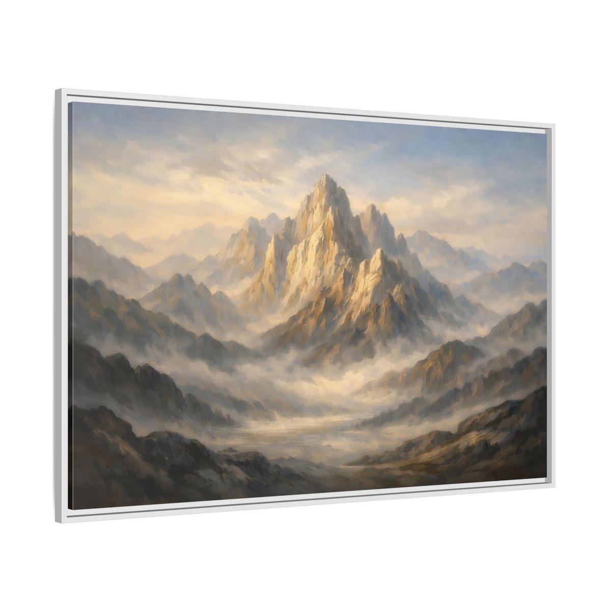 Side Mockup 7. Nature Mountain Peak Golden Mountain Landscape shown as stretched canvas wall art