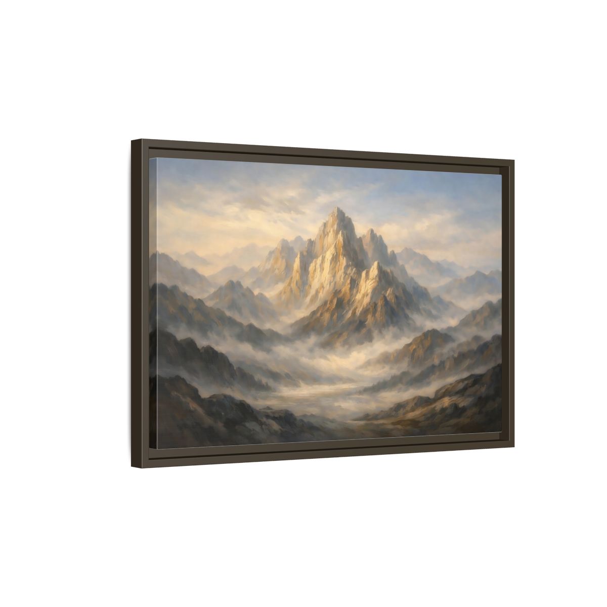Side Mockup 2. Nature Mountain Peak Golden Mountain Landscape shown as stretched canvas wall art