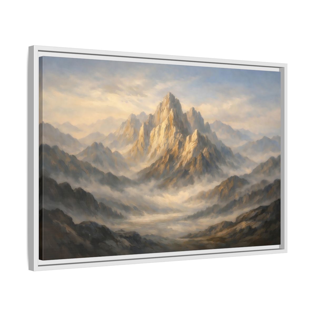 Side Mockup 10. Nature Mountain Peak Golden Mountain Landscape shown as stretched canvas wall art