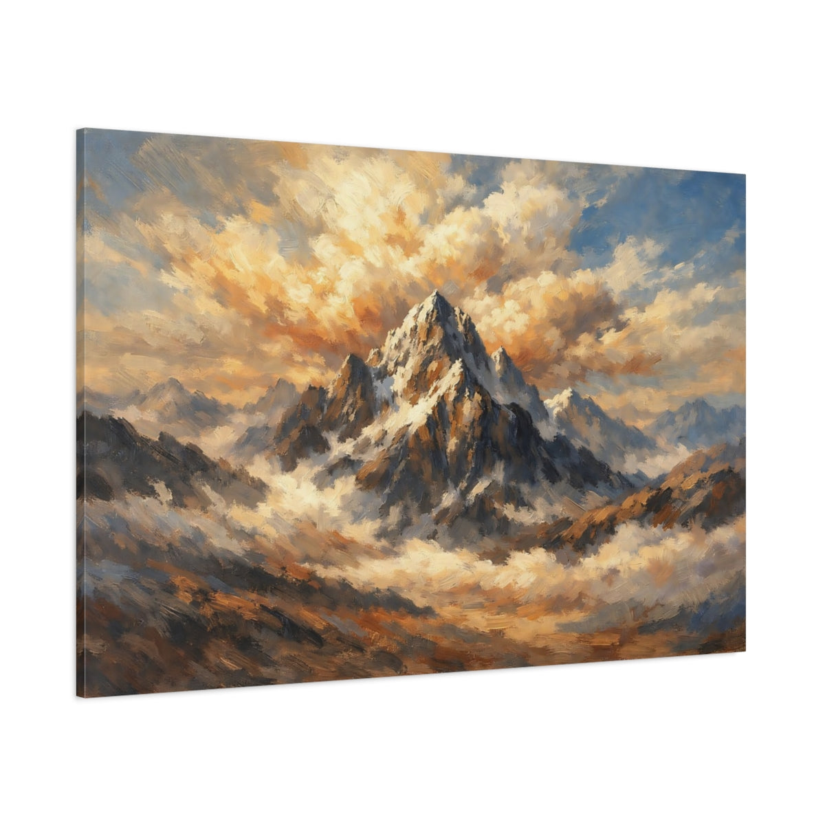 Main Mockup. Nature Mountain Peak Golden Mountain Clouds shown as stretched canvas wall art
