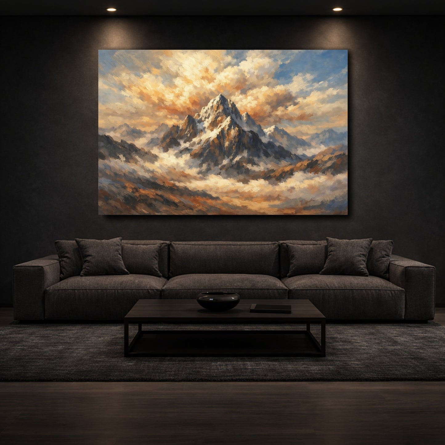 Mockup 2. Nature Mountain Peak Golden Mountain Clouds shown as stretched canvas wall art