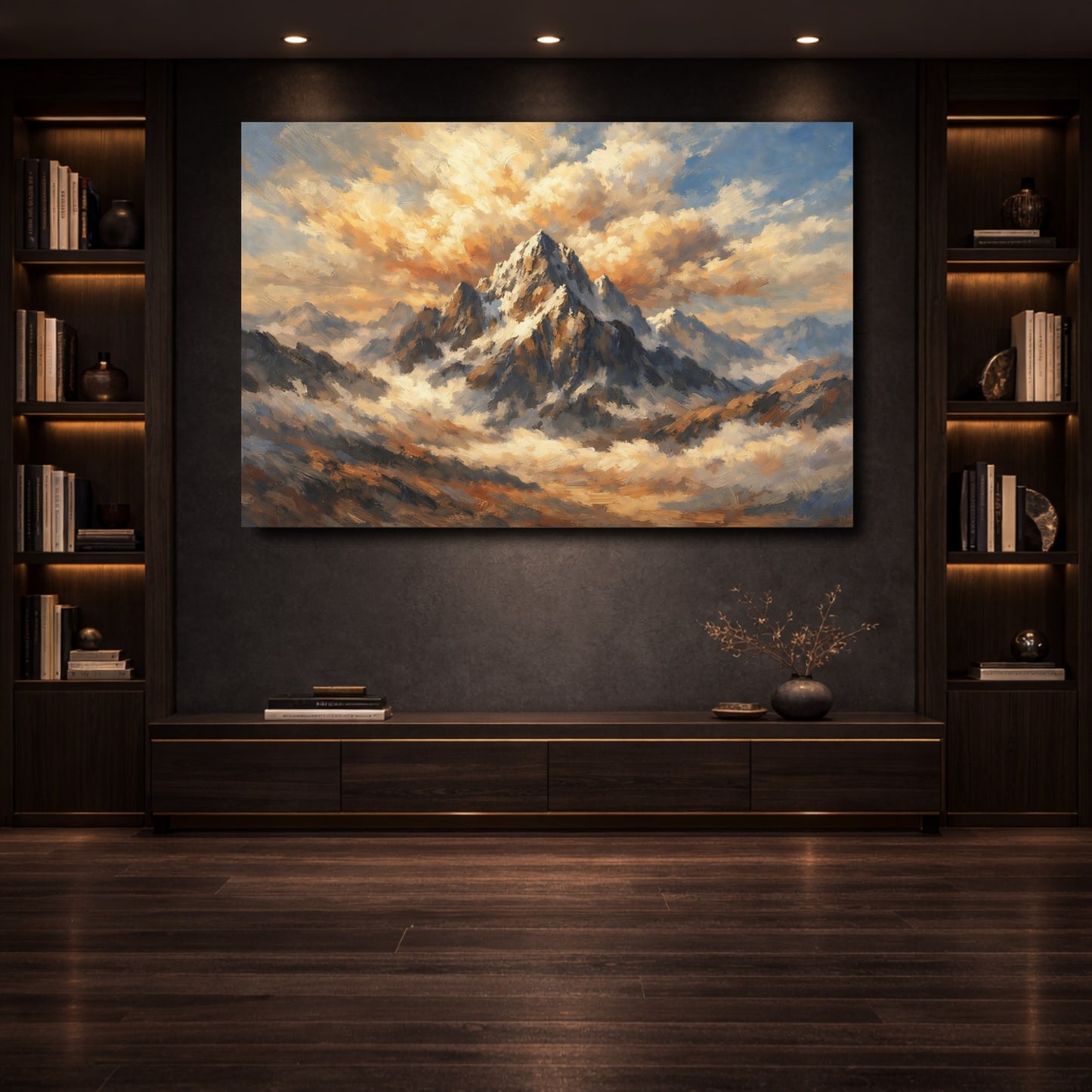 Mockup 3. Nature Mountain Peak Golden Mountain Clouds shown as stretched canvas wall art