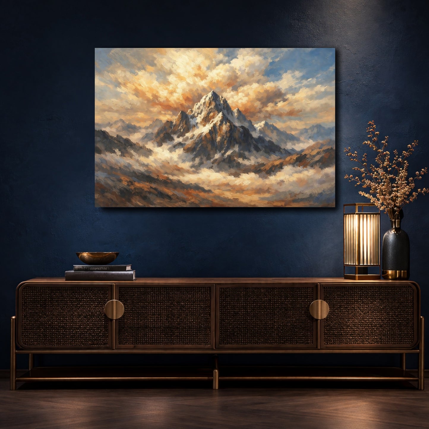 Mockup 4. Nature Mountain Peak Golden Mountain Clouds shown as stretched canvas wall art