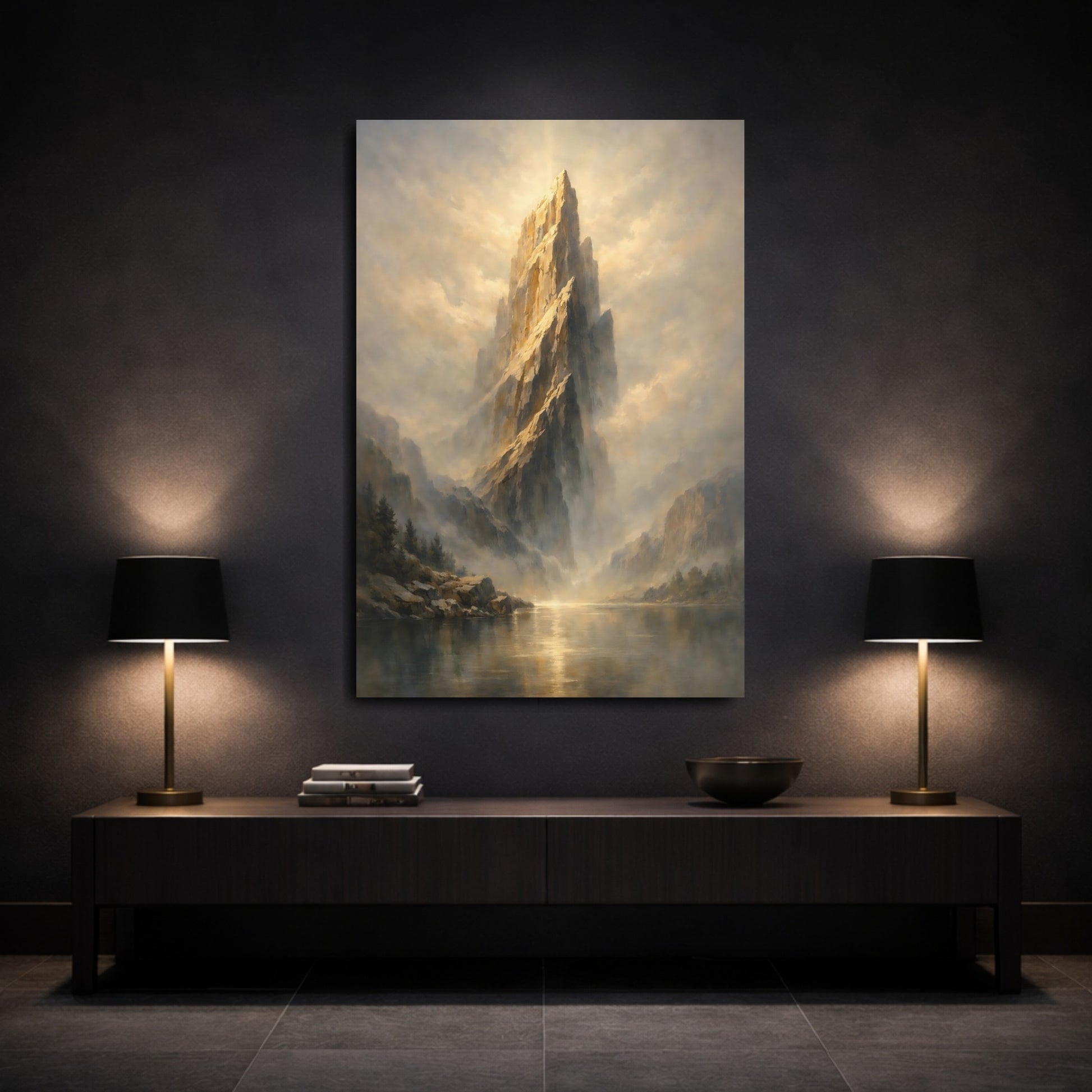 Mockup 2. Nature Mountain Peak Golden Mountain Landscape shown as stretched canvas wall art